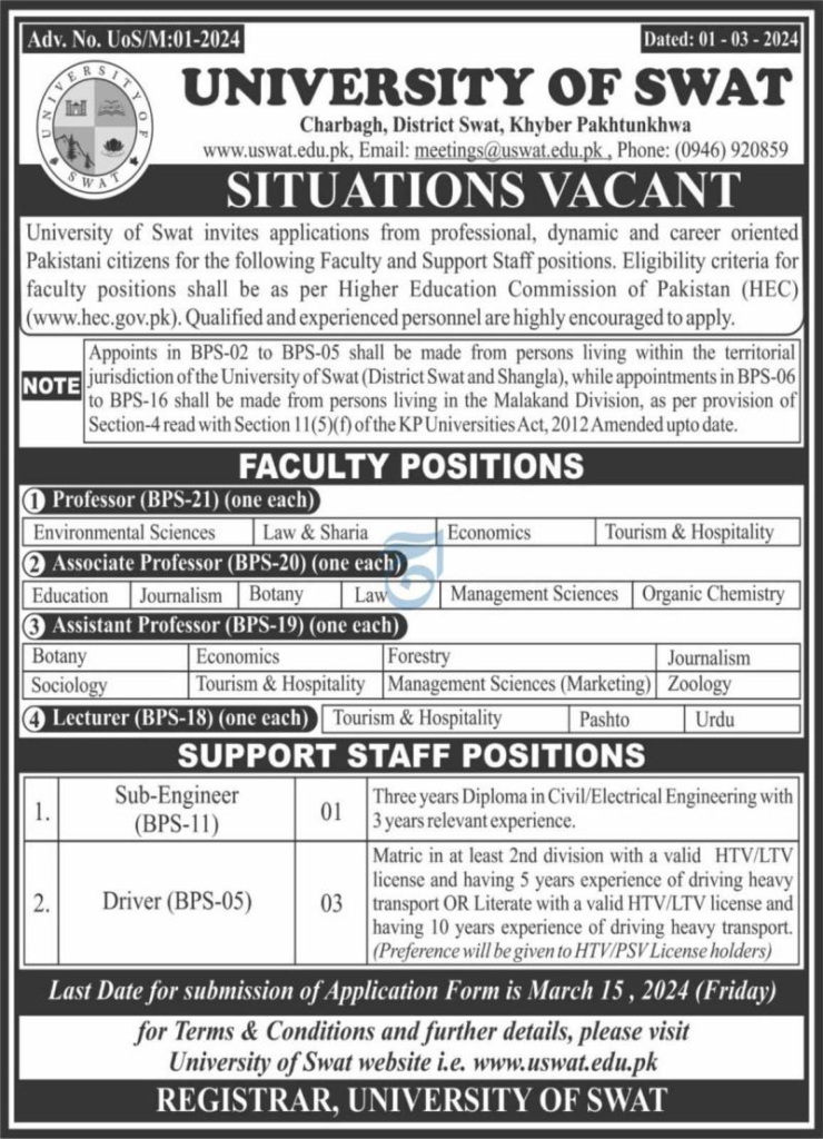 University Of Swat Jobs 2024