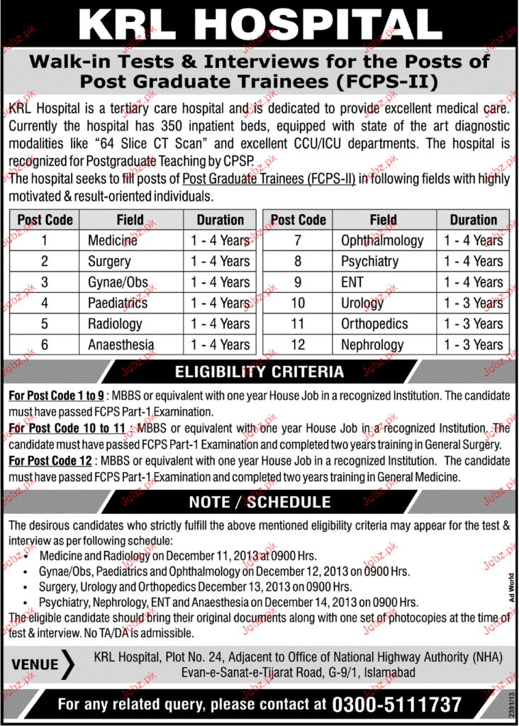Krl Hospital Islamabad  jobs 2024