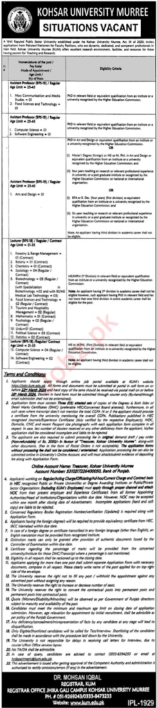 Kohsar University Murree Jobs 2024