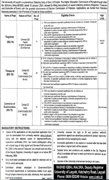 University Of Layyah Jobs 2024