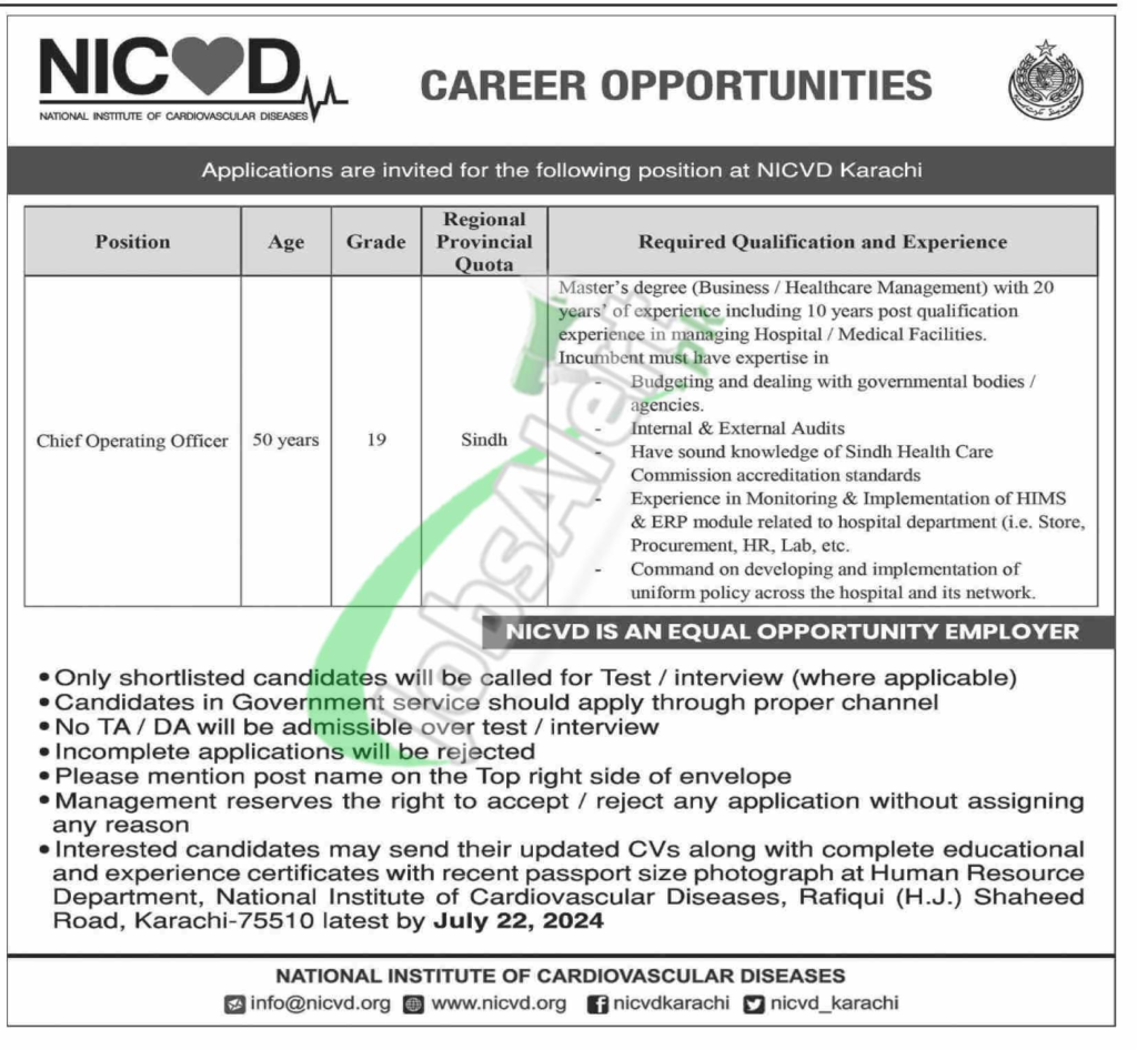 NICVD Karachi Jobs 2024