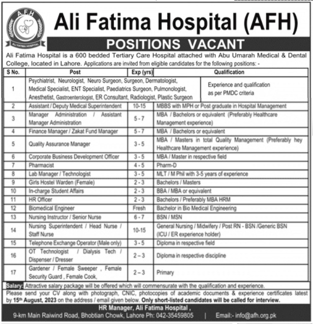 Ali Fatima Hospital Jobs 2024