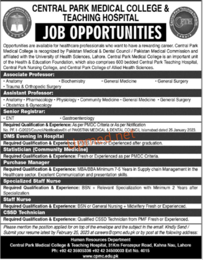 Central Park Teaching Hospital Jobs 2024