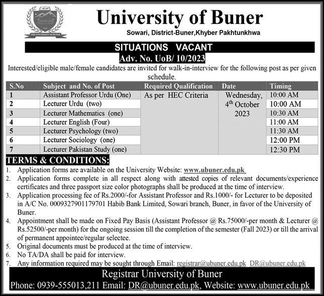 University Of Buner Jobs 2024