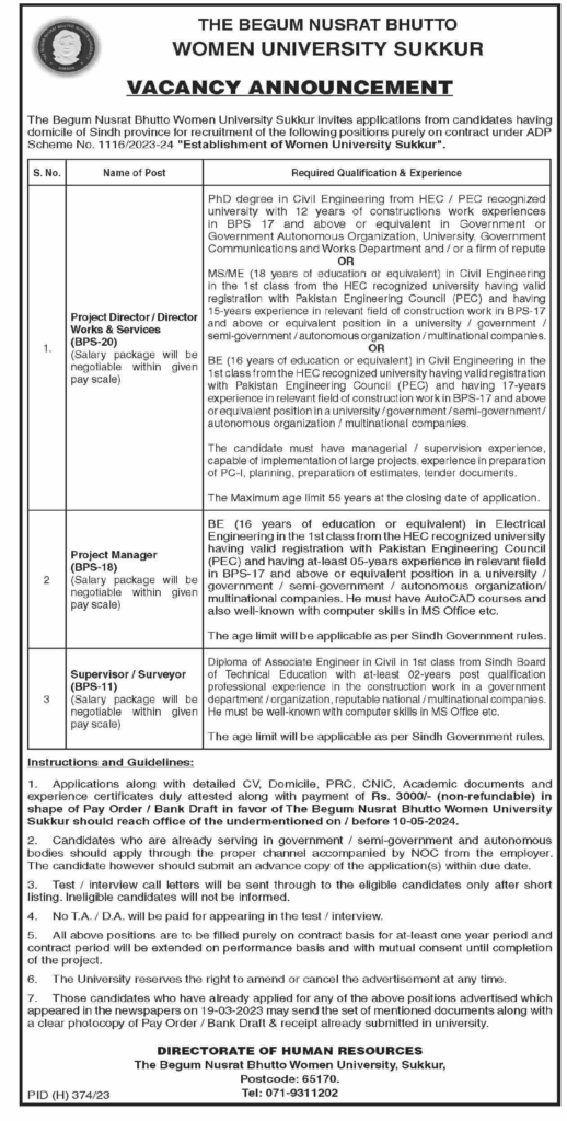 Begum Nusrat Bhutto University jobs 