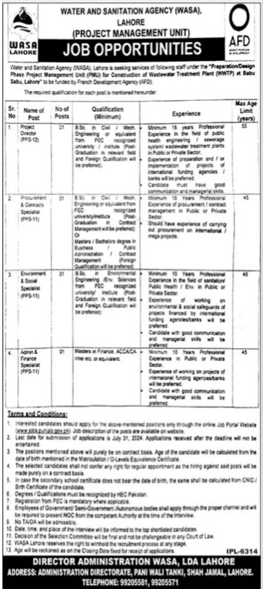 WASA Lahore Jobs 2024