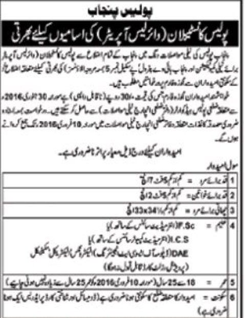 Wireless Operator Jobs In Punjab Police 