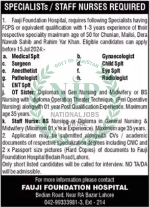 Fauji Foundation Hospital Lahore Jobs 2024