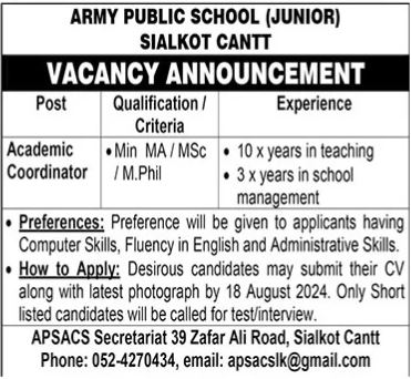 APS Sialkot Cantt jobs 2024