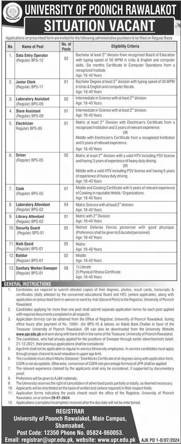 University Of Poonch Jobs 2024 