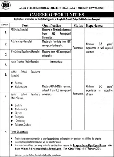 Chakala Garrison Boys College Jobs In Rawalpindi 2024