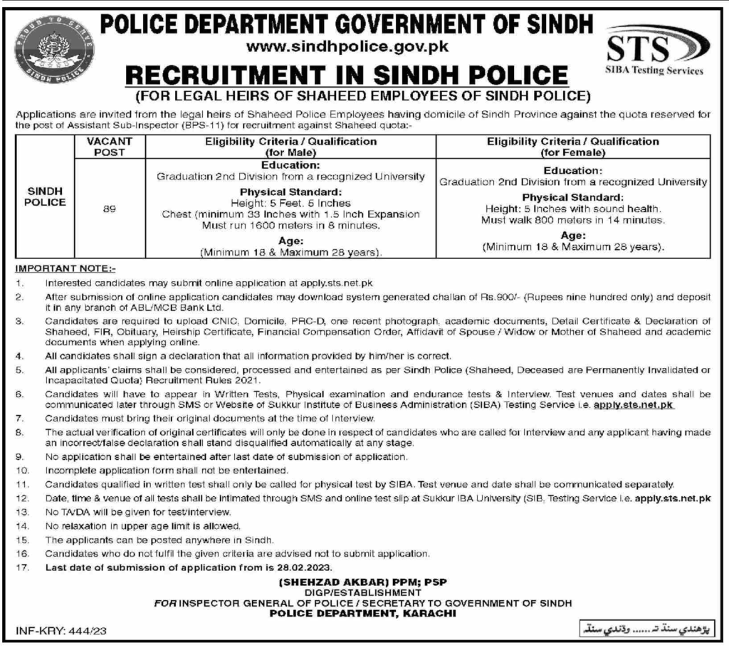 ASI Jobs In Sindh Police 2024