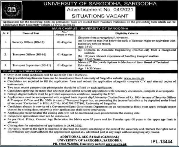 University Of Sargodha Jobs 