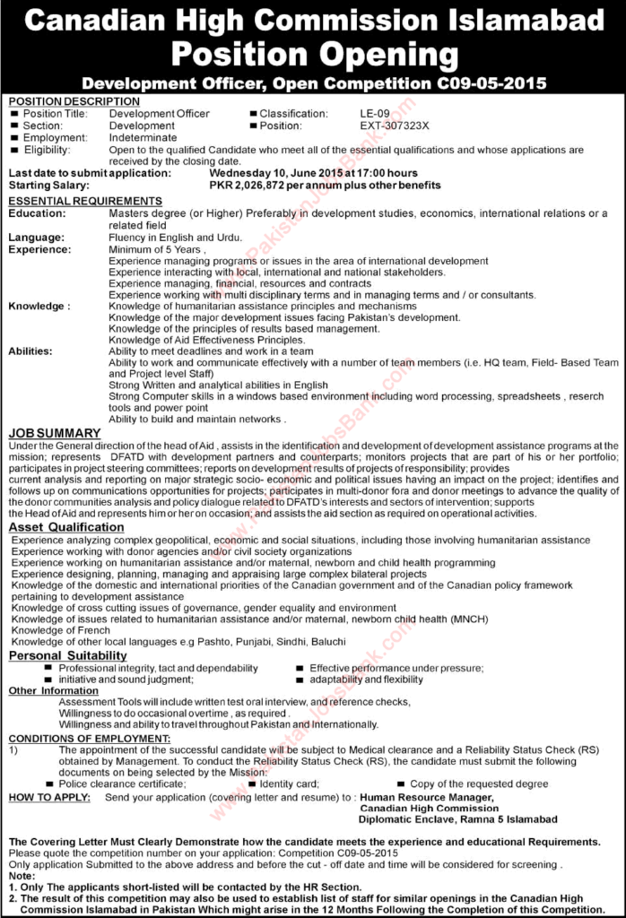 Canadian Embassy Jobs In Pakistan 2024