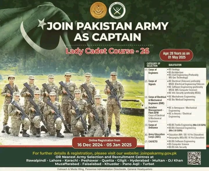 pak army 25 lady cadet jobs